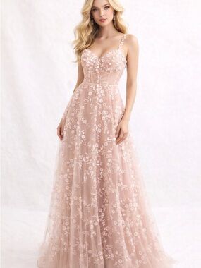 Floral Lace A-Line Evening Dress in Blush